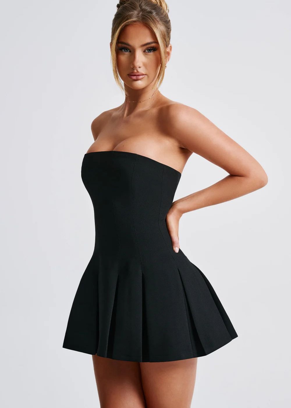 Strapless Princess Seam Box Pleated Fit and Flare Mini Dress