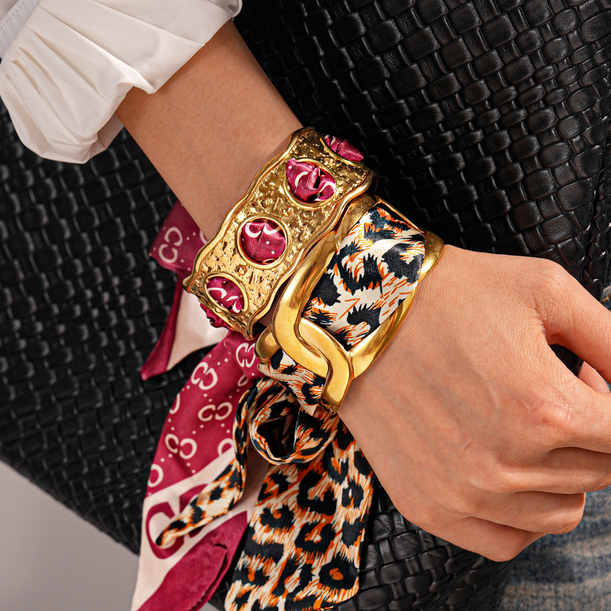 Stainless Steel Hollow Fabric Open Bracelet