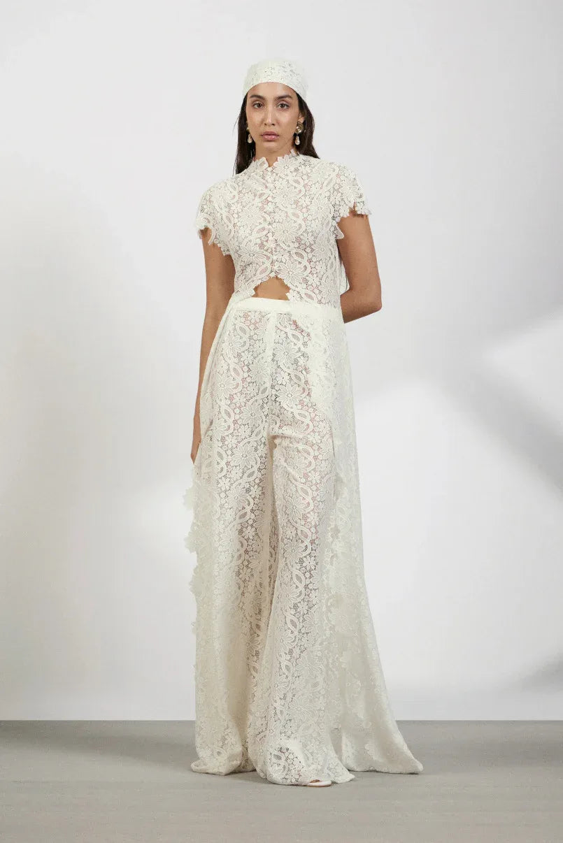 Ivory floral lace straight leg pants set