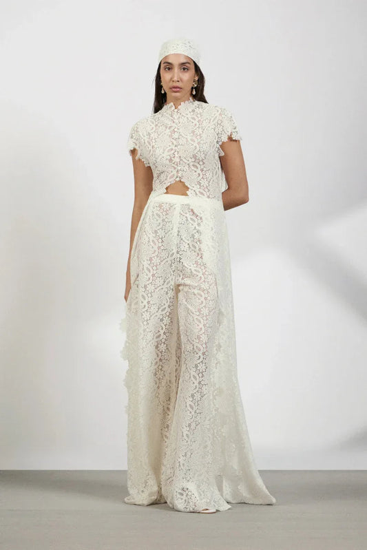 Ivory floral lace straight leg pants set