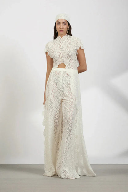 Ivory floral lace straight leg pants set