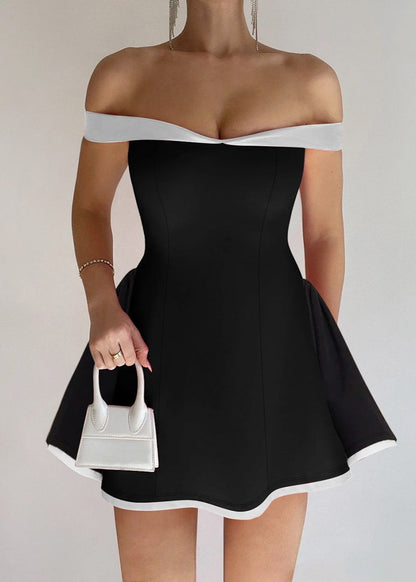 Off Shoulder Sweetheart Contrast Trim Structured Flared Skater Mini Dress