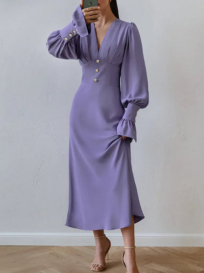 French-style lantern sleeve midi dress