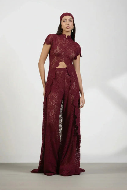 Ivory floral lace straight leg pants set