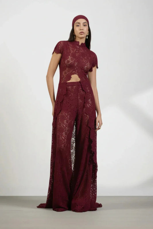 Ivory floral lace straight leg pants set