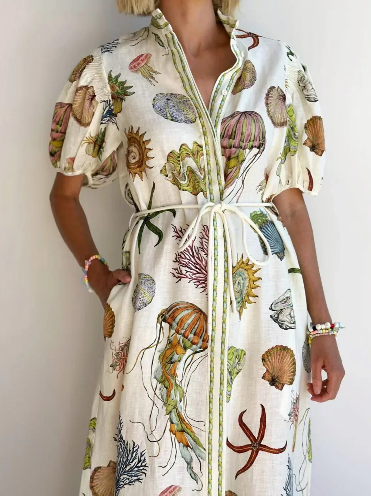 Sea print linen summer maxi dress for women