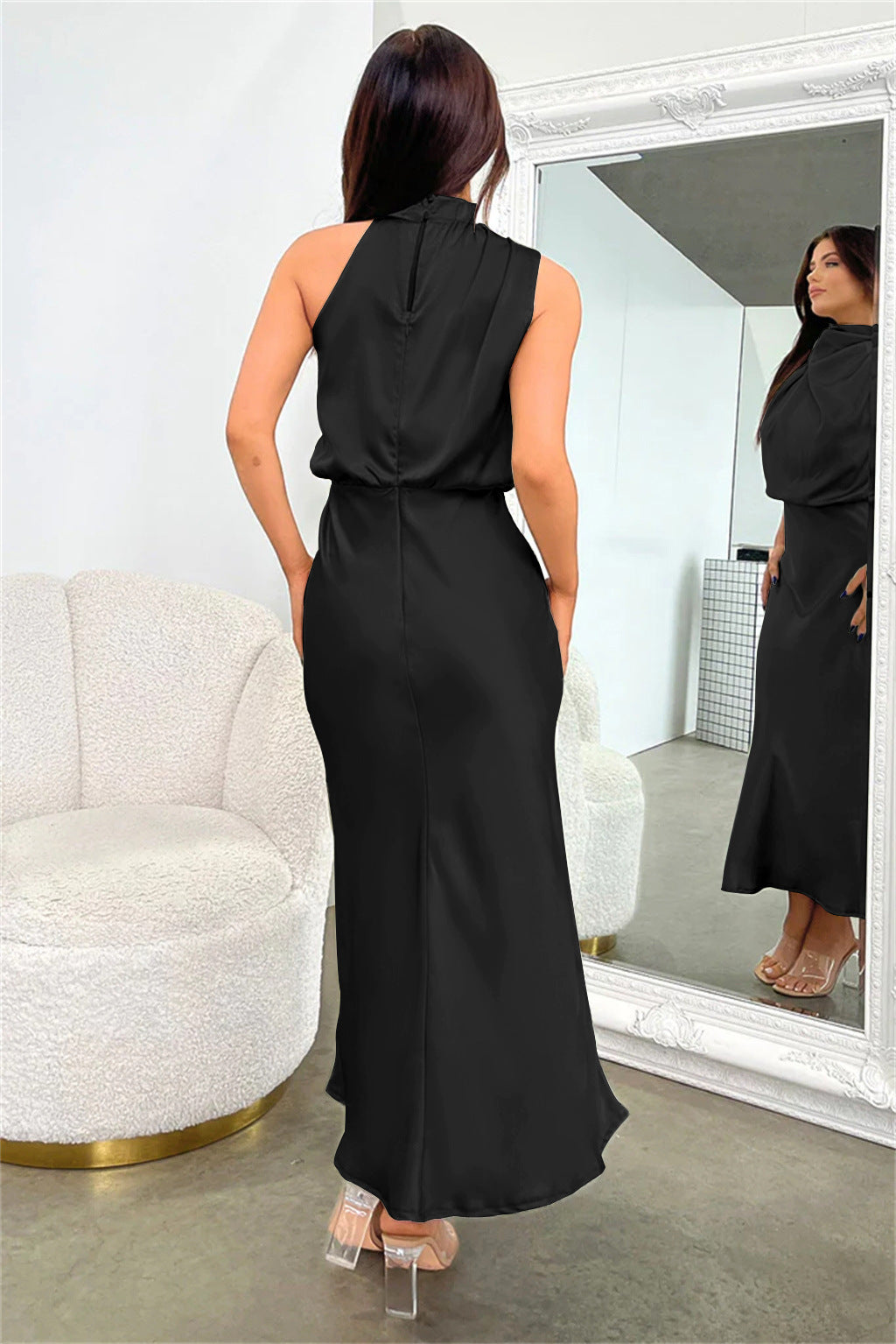 Satin High Neck Keyhole Back Sleeveless Bias-Cut A-Line Maxi Dress