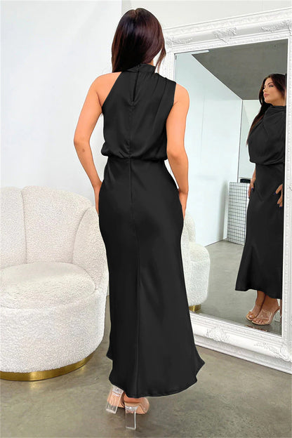 Satin High Neck Keyhole Back Sleeveless Bias-Cut A-Line Maxi Dress
