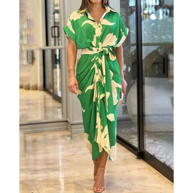 Tropical Leaf Print Button-Down Short Sleeve Tie-Waist Shirtdress Maxi Dress