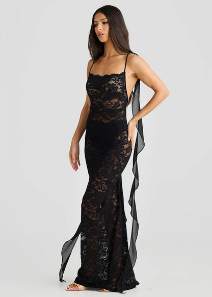 Lace Spaghetti Strap Scalloped Neck Streamer Back Bodycon Maxi Dress