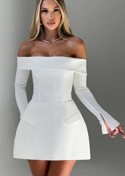 Off Shoulder Foldover Collar Long Sleeve Pocket Flap Structured Fit and Flare Mini Dress