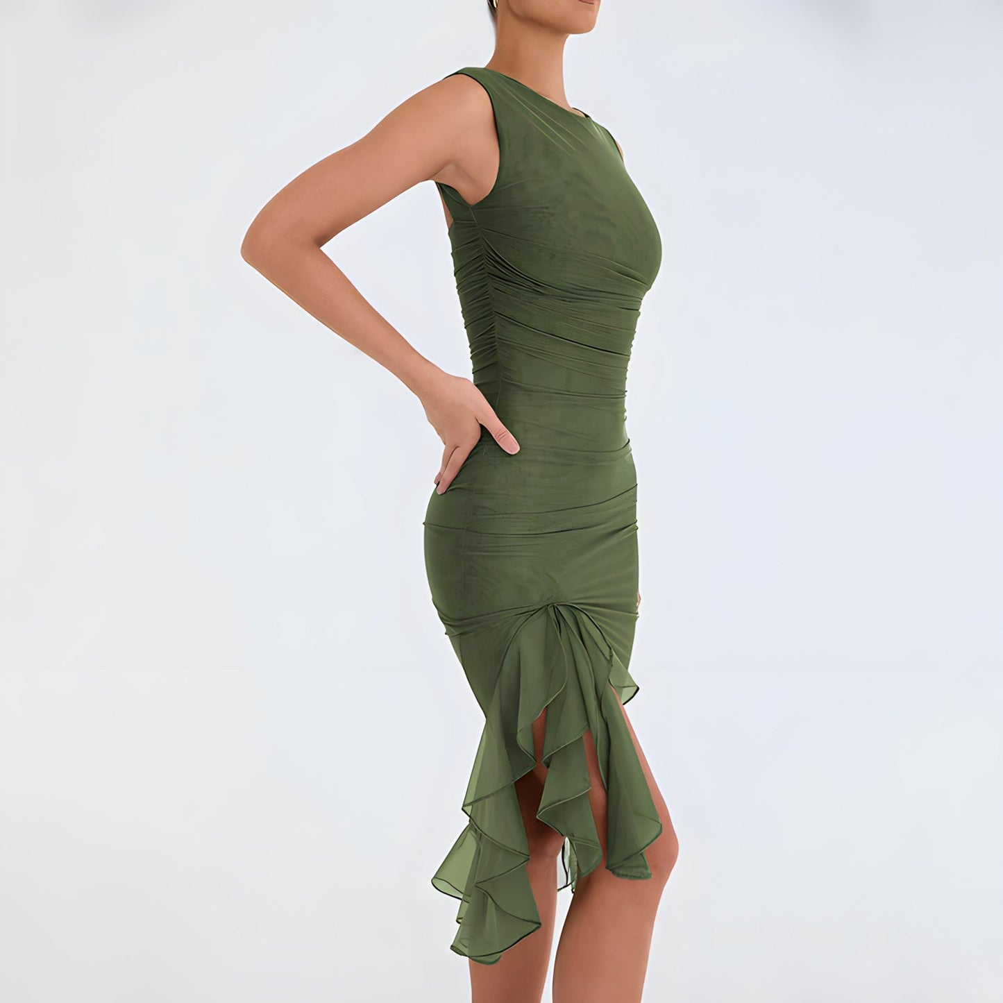 Sleeveless Round Neck Ruched Tiered Ruffle Hem High Split Midi Dress