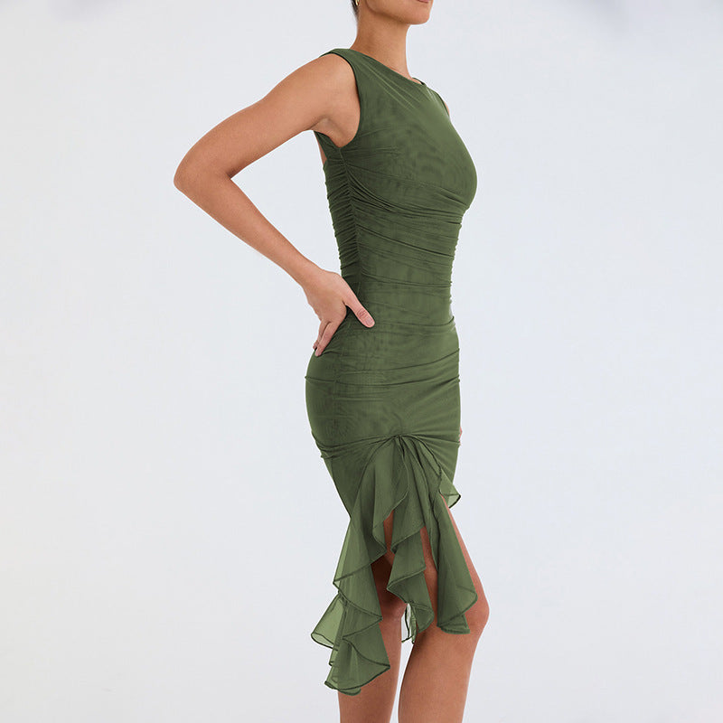 High Neck Ruched Mesh Asymmetric Ruffle Hem Midi Dress