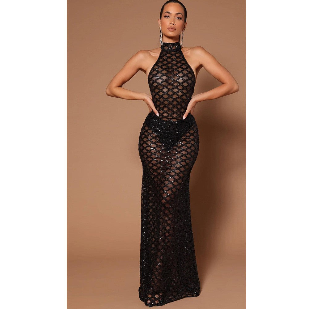 Backless Nightclub Party Formal Dress Rhinestone Sequined Transparent Dress