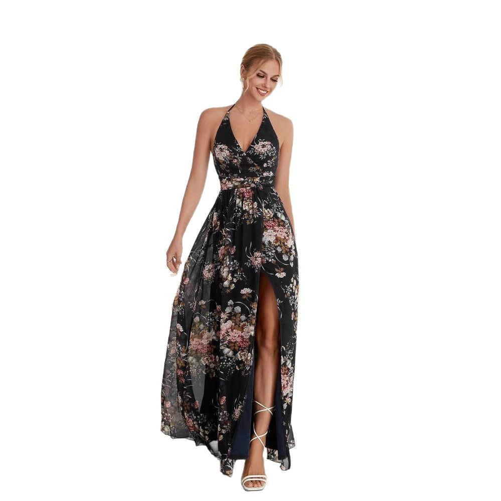 Floral Print Halter Neck Wrap Bodice Pleated Waist High Slit Maxi Dress