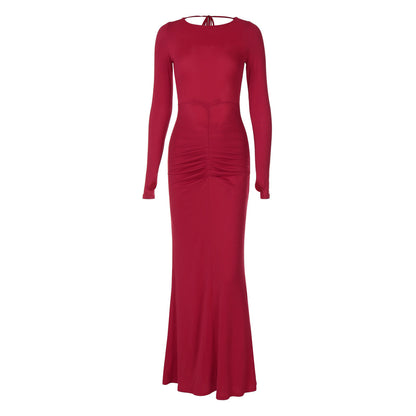 Hollow Out Cutout Backless Stitching Tied Halter Slim Fit Long Sheath Street