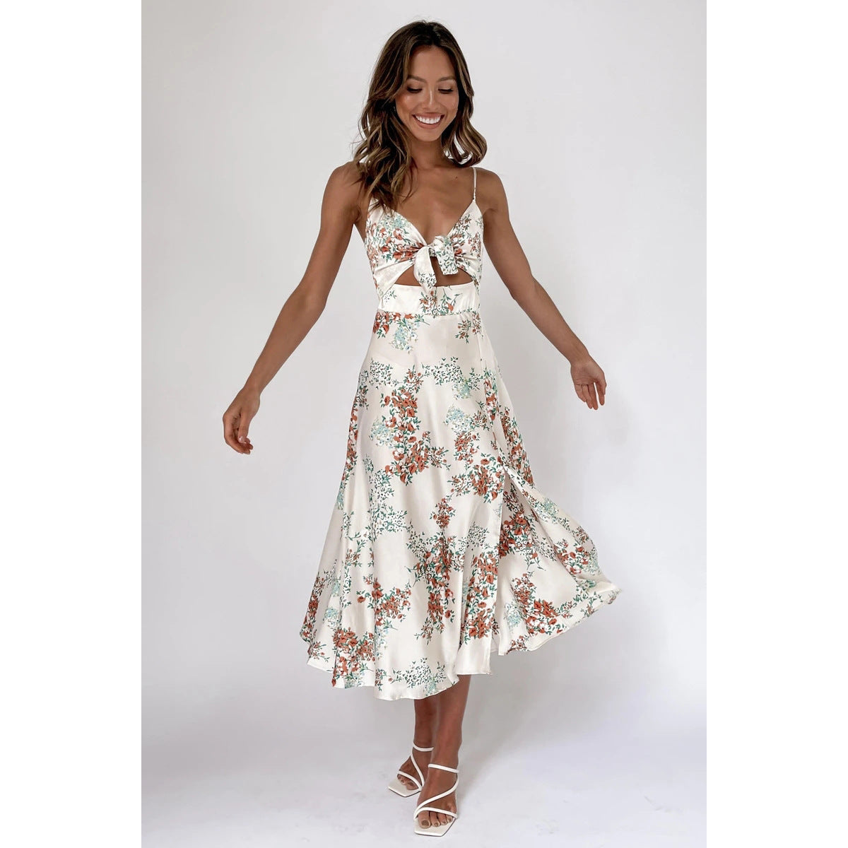 Patchwork Floral Print Spaghetti Strap Cut Out Tie Front Midi Dress
