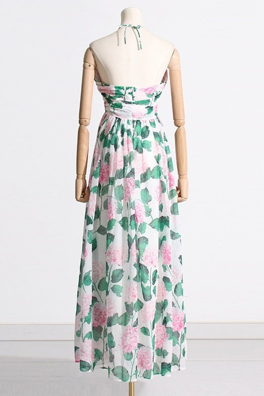 Floral Print Halter Neck Open Back Pleated Chiffon Maxi Dress