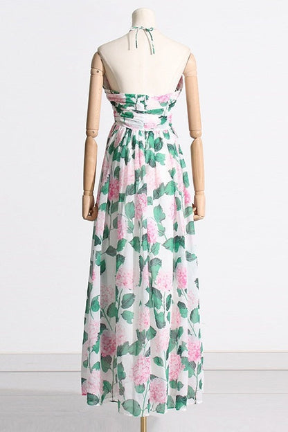 Floral Print Halter Neck Open Back Pleated Chiffon Maxi Dress