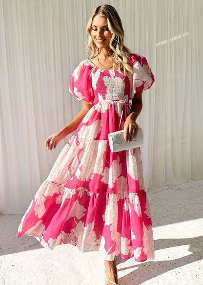 Elegant Floral Print off Shoulder Puff Sleeve