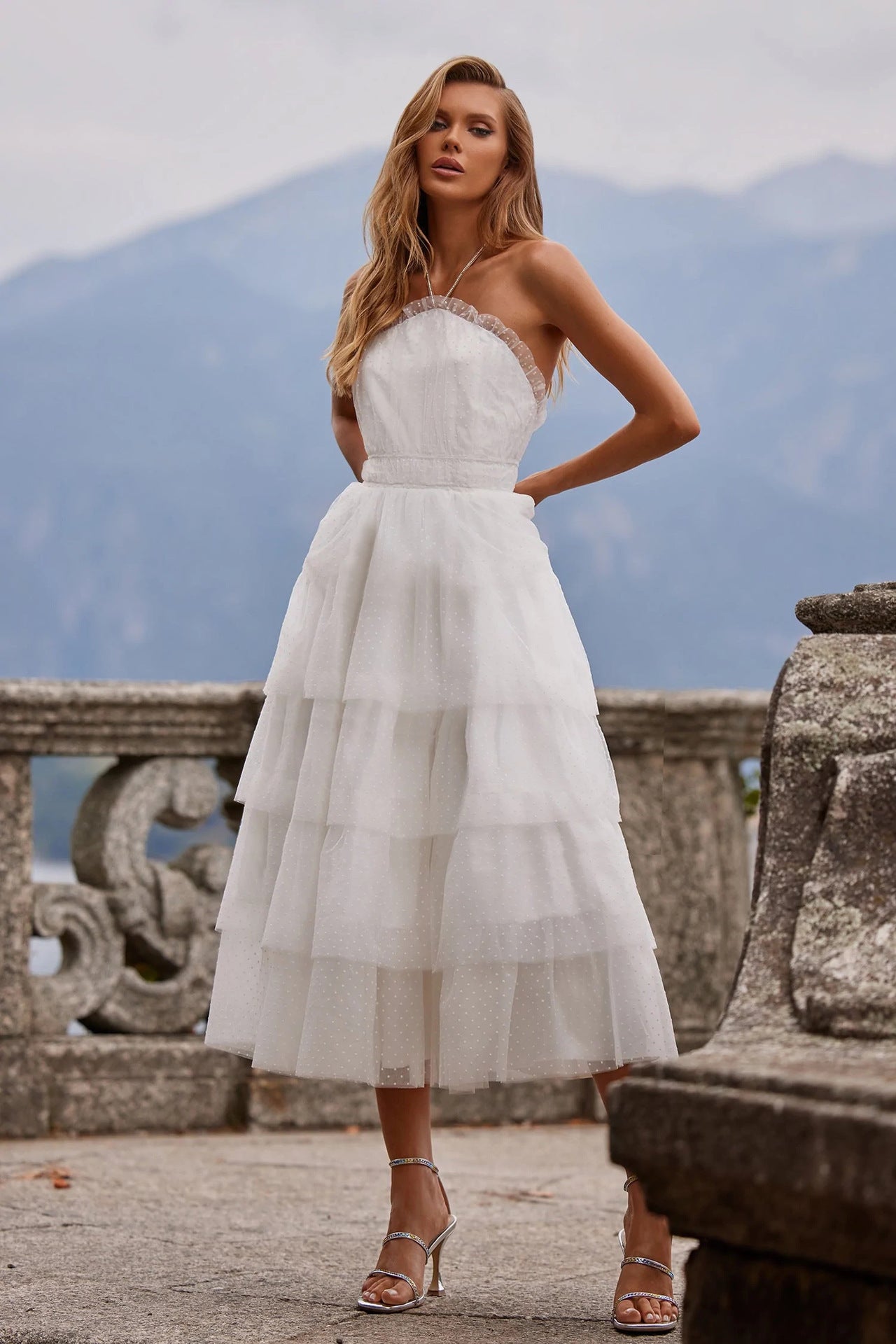 Halter Ruffle Trim Swiss Dot Tulle Tiered Cupcake Midi Dress