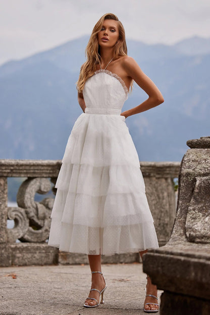 Halter Ruffle Trim Swiss Dot Tulle Tiered Cupcake Midi Dress
