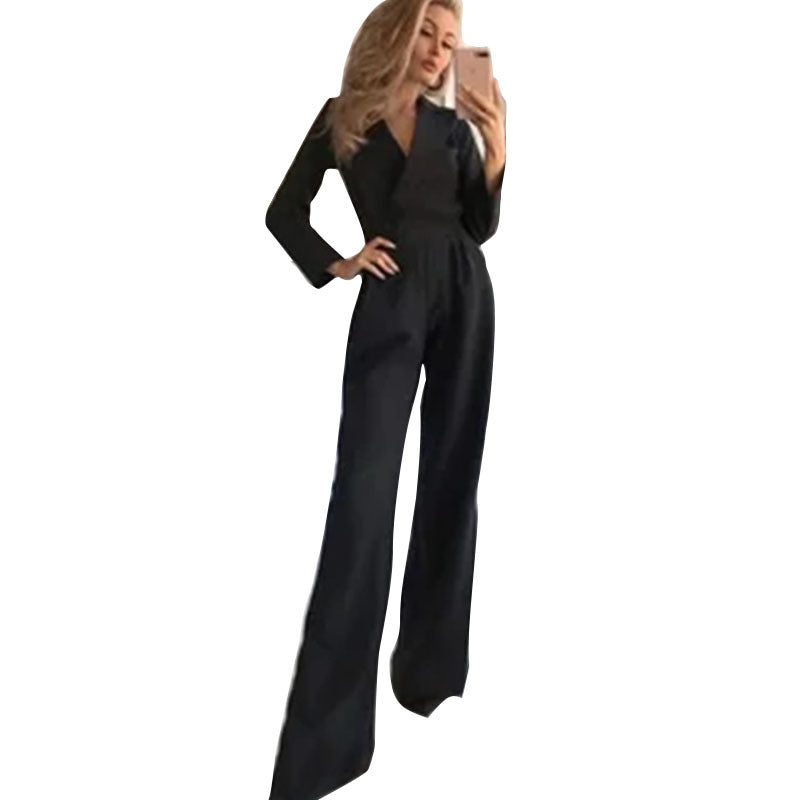 | Long Sleeve Wide-Leg Jumpsuit, V-Neckline