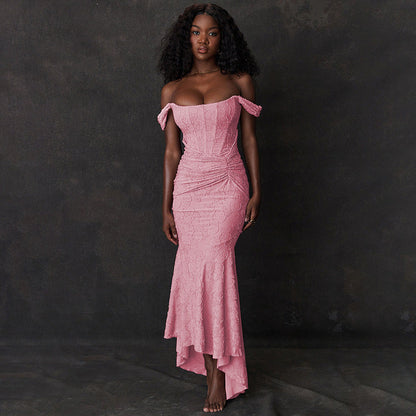 Floral Jacquard Off-Shoulder Corset Ruched High-Low Mermaid Maxi Gown
