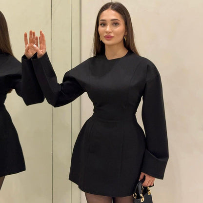 Crew Neck Waist Tight Long Sleeve Zipper Dress