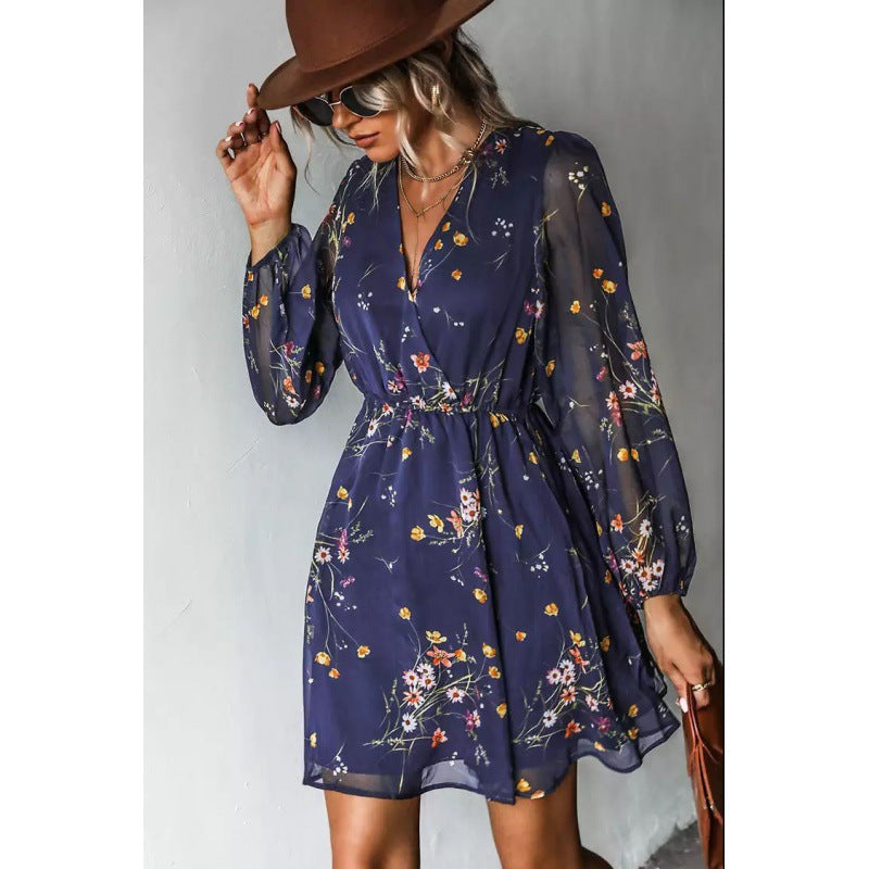 Ditsy Floral Print Surplice V-Neck Balloon Sleeve Elastic Waist Mini Dress