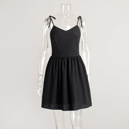 Cotton Sling Backless High Waist Short Dress Tie Short