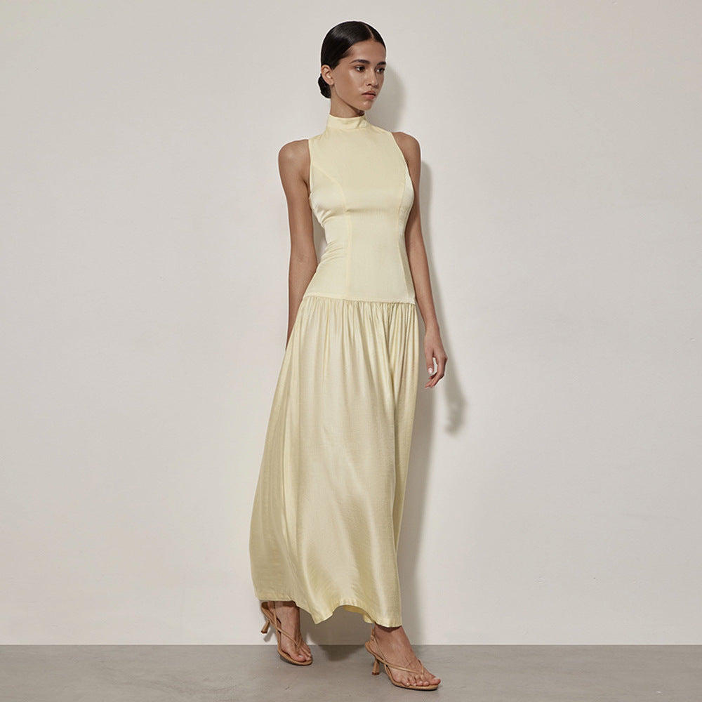 Round Neck Dress Sleeveless Backless Slim Fit Satin Dress