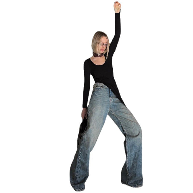 Asymmetric Square Neck Long Sleeve High-Low Hem Top and Wide-Leg Jeans Set