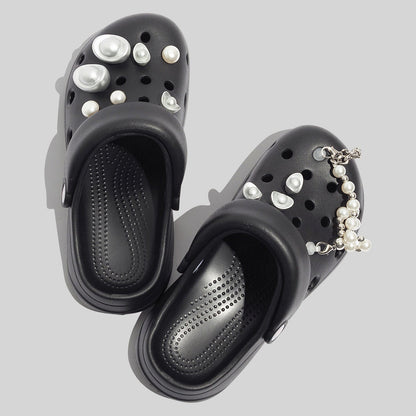 Women's Durable Black Clogs With Decorative Pearls And Beads