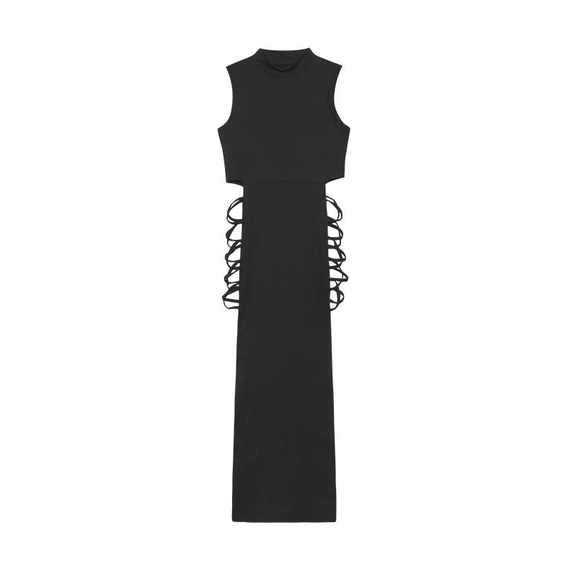 Mock Neck Sleeveless Side Lace-Up Cutout Bodycon Maxi Dress