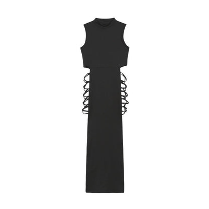 Mock Neck Sleeveless Side Lace-Up Cutout Bodycon Maxi Dress