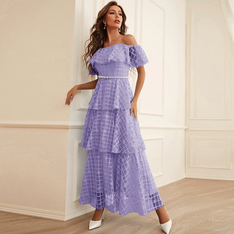 Off Shoulder Pearl Belted Tiered Ruffle Grid Print Organza Maxi Dress
