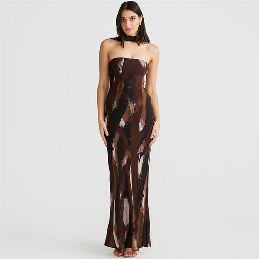 Elegant Tube Top Bare Back Dress Printed Figure Elegant Slim Fit Maxi Dress