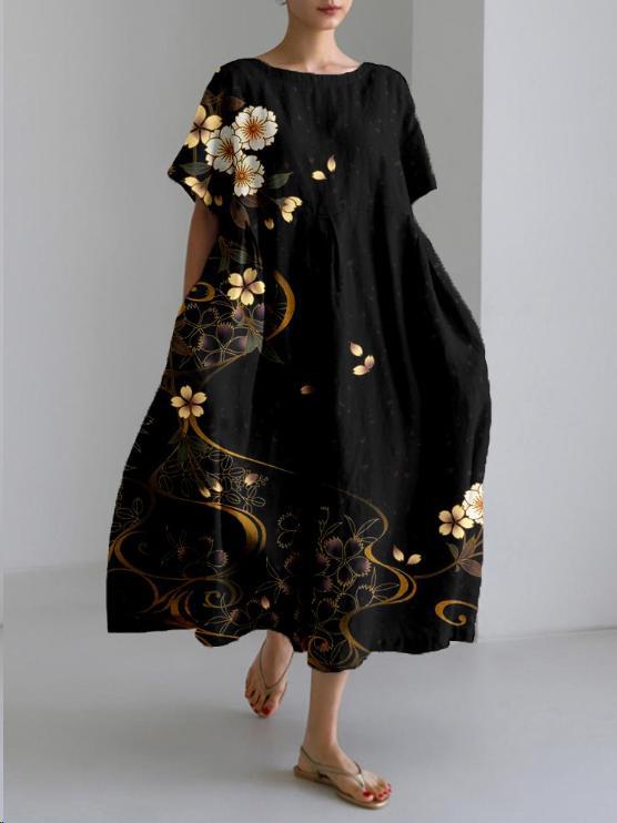 Blossom Print Crew Neck Gathered Waist Pocket Midi Dress