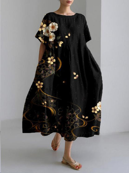 Blossom Print Crew Neck Gathered Waist Pocket Midi Dress