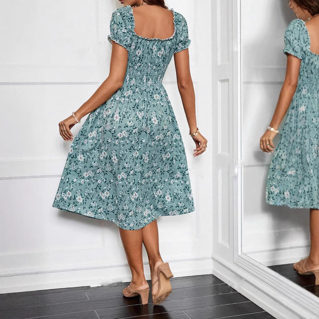 Ditsy Floral Lettuce-Edge V-Neck Puff Sleeve Smocked Waist A-Line Midi Dress