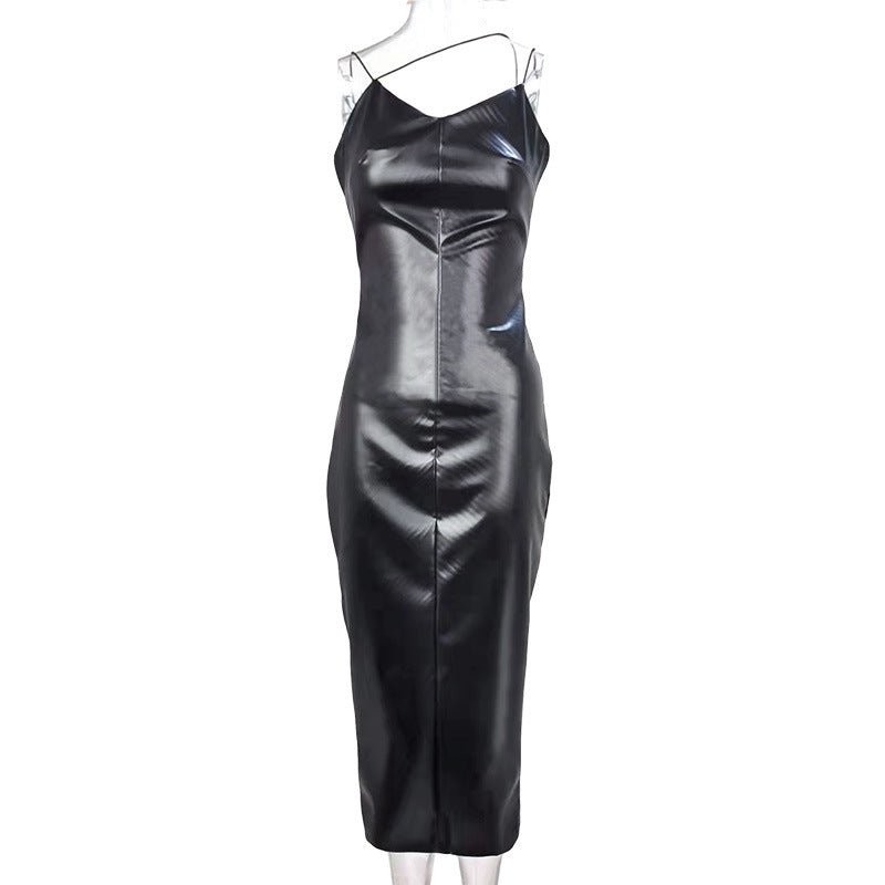 Popular Sling Waist Slimming Sheath Split Faux Leather Dress for Nightclub Uniforms