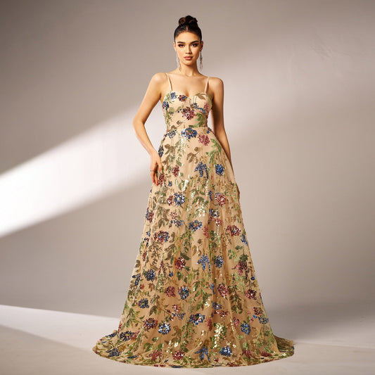 High Class Elegant Sleeveless off Neck Strap Cocktail Sequined Large Swing Evening