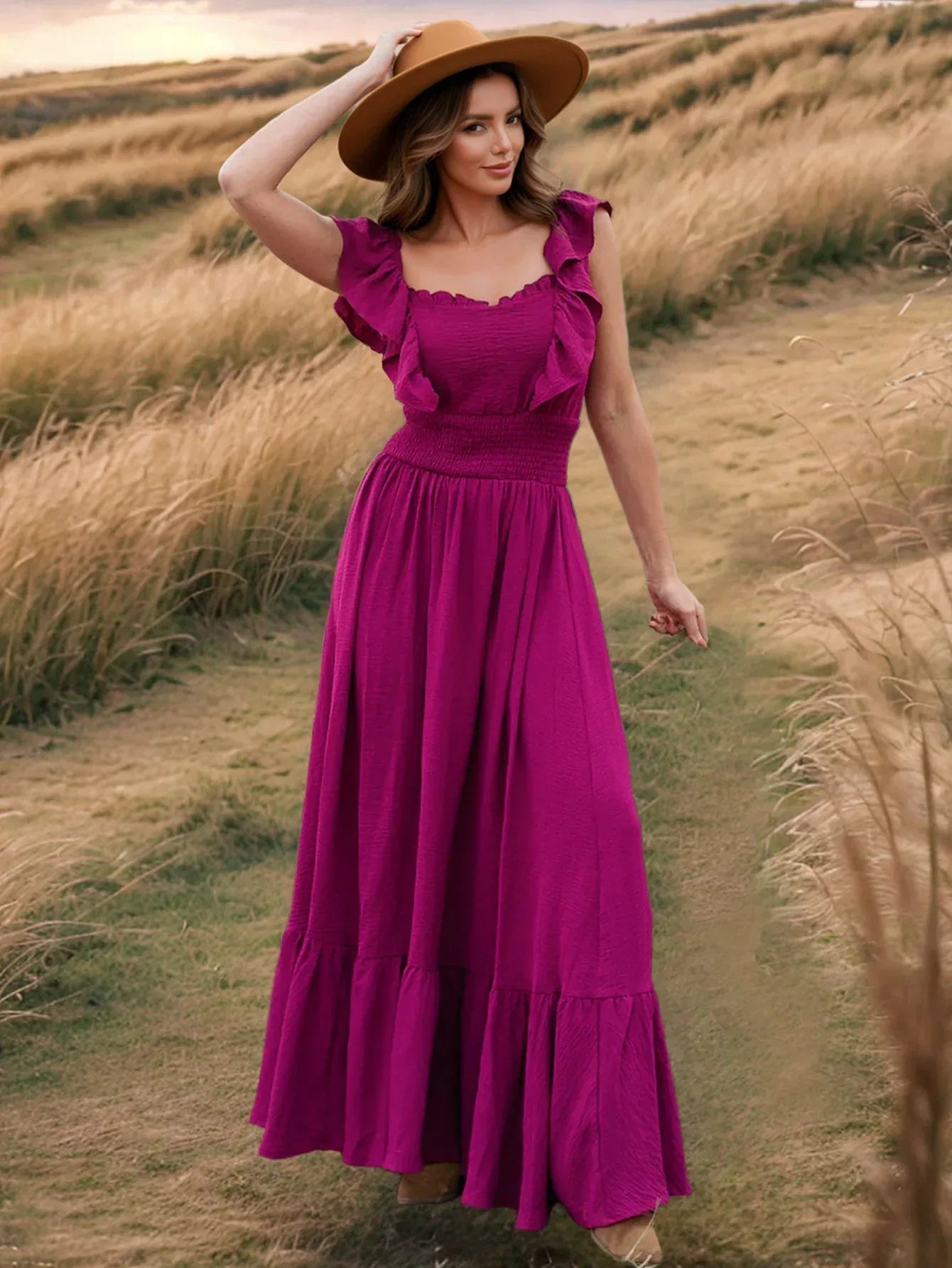 Hot Pink Ruffle Maxi Dress with Shoulder Detail
