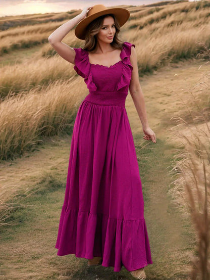 Hot Pink Ruffle Maxi Dress with Shoulder Detail