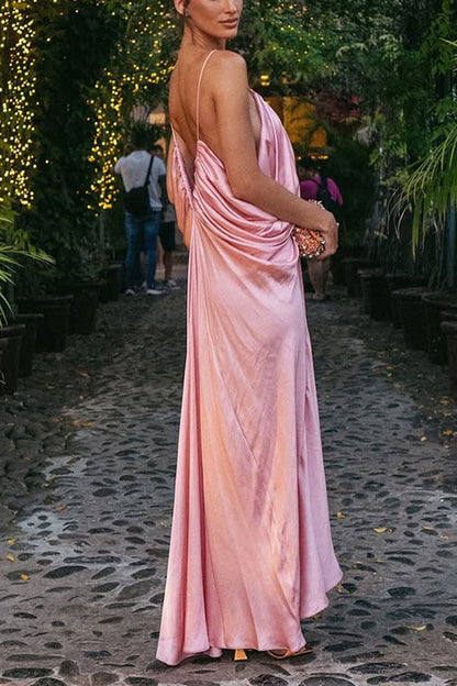 Venus Satin V-neck Draped Pleated Slip Loose Maxi Dress