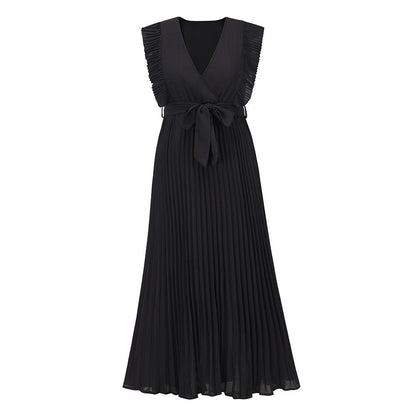 Elegant Beach DressSlim Fit Ruffle Sleeve Chiffon Pleated Solid Color Dress