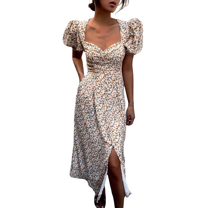 Ditsy Floral Print Puff Sleeve Sweetheart Neck High-Slit Midi Dress