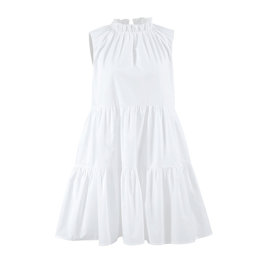 Round Neck Bow Lace Up Tiered Ruffle Sleeveless Mini Dress