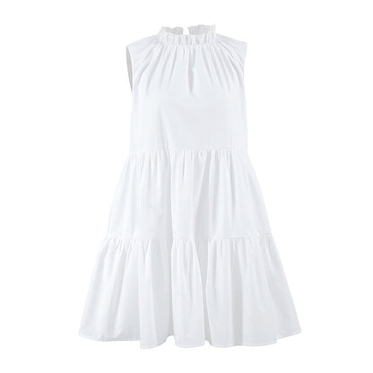 Round Neck Bow Lace Up Tiered Ruffle Sleeveless Mini Dress